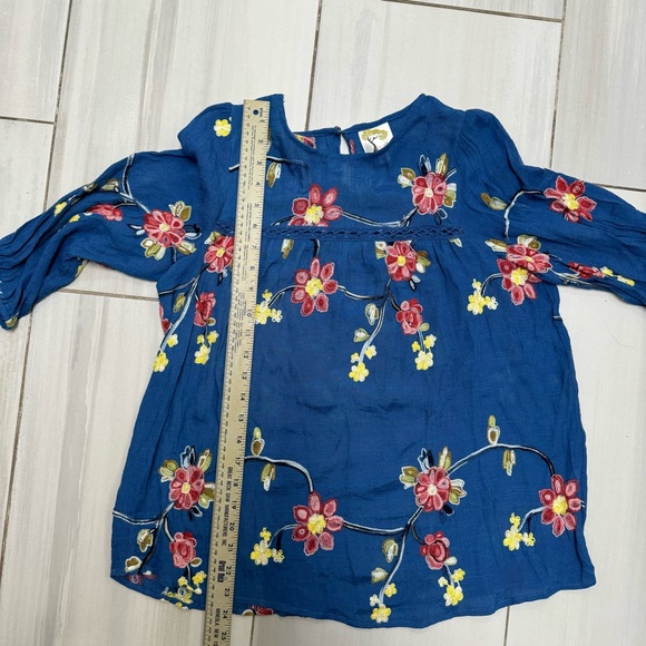 Fig and Flower Anthropologie Women Small Floral Embroidered Puff Sleeve Top Blue - Picture 4 of 5